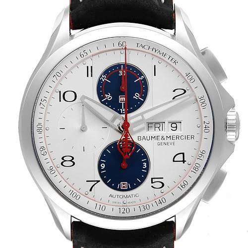 This image shows a frontal close-up view of the dial on a Baume & Mercier Clifton M0A10342 Men's Stainless Steel Silver Dial M0A10342 Men's Stainless Steel Silver Dial model watch.