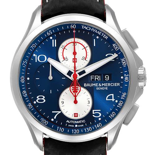 The image shows a frontal view of the Baume & Mercier Clifton M0A10343 Men's Stainless Steel Blue Dial M0A10343 Men's Stainless Steel Blue Dial model watch with a blue dial and tachymeter bezel.