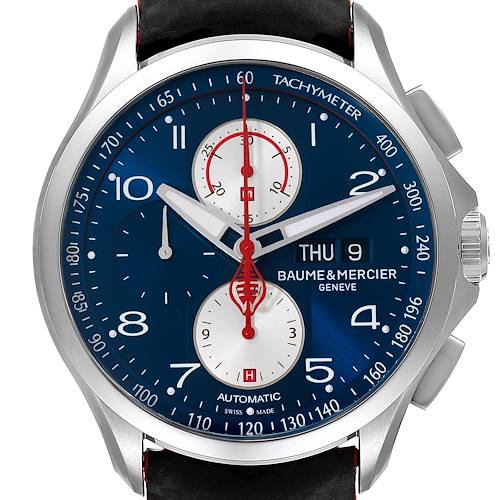 The image shows a frontal view of a Baume & Mercier Clifton M0A10343 Men's Stainless Steel Blue Dial M0A10343 Men's Stainless Steel Blue Dial watch, highlighting its dial and bezel.