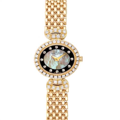 The image shows a front view of the Baume & Mercier 18523/9 Women's Yellow Gold Mother of Pearl Dial 18523/9 Women's Yellow Gold Mother of Pearl Dial Yellow Gold MOP Diamond Vintage Cocktail Ladies Watch 18523 model.