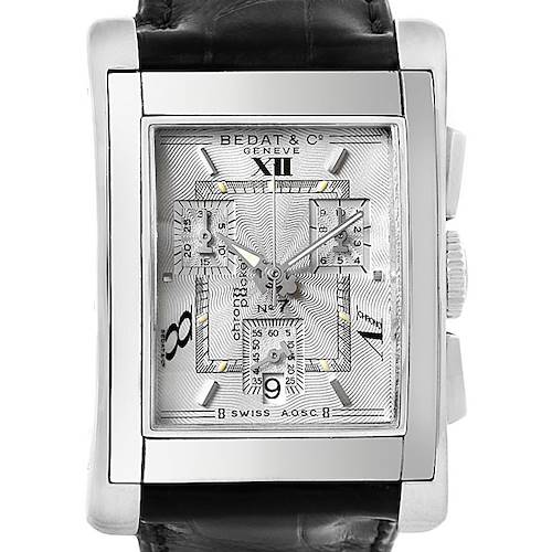 The image shows a front view of the Bedat 778.010.610 Men's Stainless Steel Silver Dial 778.010.610 Men's Stainless Steel Silver Dial No 7 Stainless Steel Chronograph Watch 778.010.610, displaying its dial, case, and leather strap.