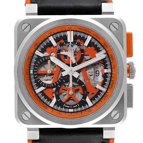 The Bell & Ross Aero GT Orange Skeleton Steel Men's Watch BR0394 is shown from the front, displaying the dial, hands, and tachymeter.