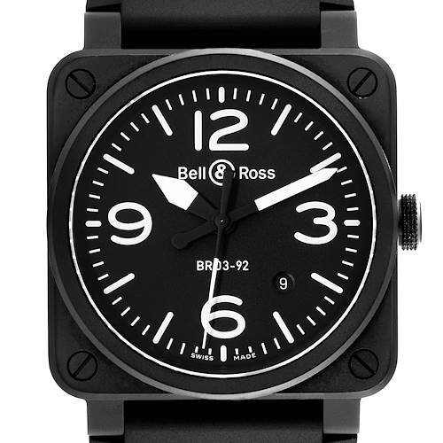 The image shows a front angle of the Bell & Ross Instruments BR0392-BL-CE Men's Ceramic Black Dial BR0392-BL-CE Men's Ceramic Black Dial BR03-92 watch, displaying its face, dial, and crown.