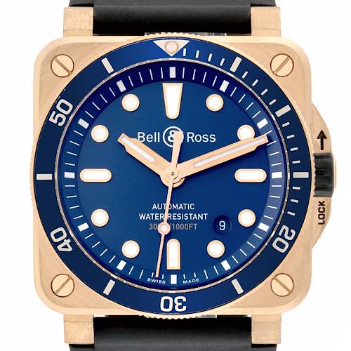 This is a front-facing view of the Bell & Ross Instruments BR0392-D-LU-BR/SCA Men's Bronze Blue Dial BR0392-D-LU-BR/SCA Men's Bronze Blue Dial model watch showcasing the dial, bezel, hands, and part of the strap.