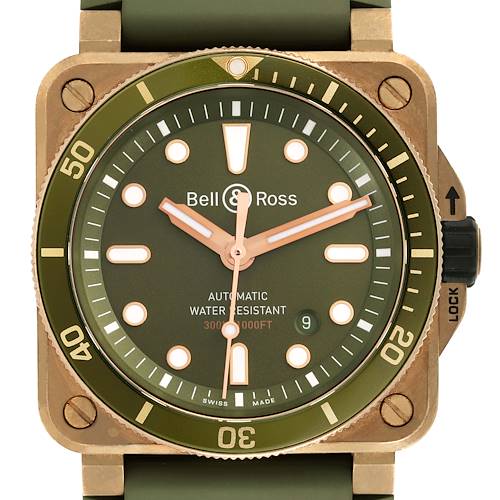 The Bell & Ross Instruments BR03-92-DIV-B Men's Bronze Green Dial BR03-92-DIV-B Men's Bronze Green Dial watch is shown from a front angle, displaying its olive dial, bronze case, and rotating bezel.