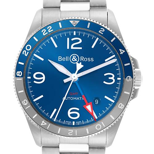 The Bell & Ross Heritage BRV293 Men's Stainless Steel Blue Dial watch is shown from the front, highlighting its blue dial, numerals, hands, and bezel.