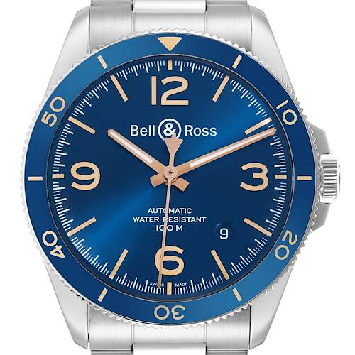 The Bell & Ross Heritage BRV292 Men's Stainless Steel Blue Dial model watch is shown from the front, displaying its blue dial, bezel, and crown.