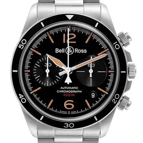 The image shows a front view of a Bell & Ross Chronograph watch, displaying its face, bezel, and side buttons.