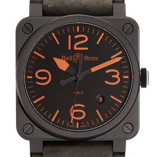 The Bell & Ross Heritage BR03-92-CKA Men's Ceramic Brown Dial BR03-92-CKA Men's Ceramic Brown Dial model is shown from the front, highlighting the face, numerals, and part of the strap.