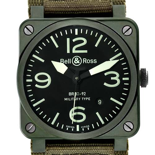 This close-up image shows the front face and strap of the Bell & Ross Instruments BR03-92-CK Men's Ceramic Black Dial BR03-92-CK Men's Ceramic Black Dial BR03-92 Military Type watch.