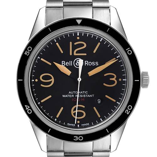 This image shows the front view of the Bell & Ross Heritage BRV123-ST-HER/SST Men's Stainless Steel Black Dial BRV123-ST-HER/SST Men's Stainless Steel Black Dial model watch, displaying the dial, bezel, and part of the bracelet.