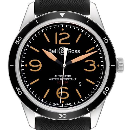 The watch shown is a Bell & Ross Vintage BRV123-ST-HER/SRB Men's Stainless Steel Black Dial BRV123-ST-HER/SRB Men's Stainless Steel Black Dial model, captured from a front angle displaying the face, bezel, hands, and crown.