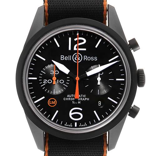 The image shows a front view of a Vintage Bell & Ross automatic chronograph watch with a black dial and orange accents.