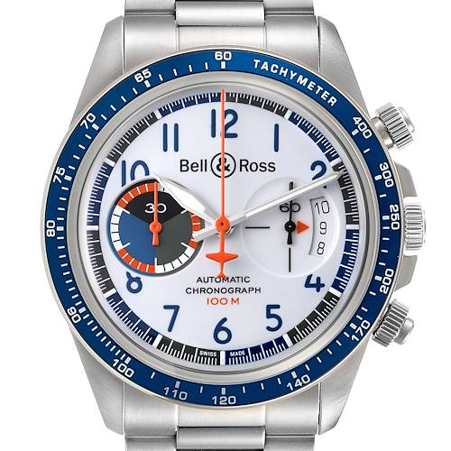 The image shows a front view of the Bell & Ross Vintage model watch, highlighting its dial, bezel, and metal strap.