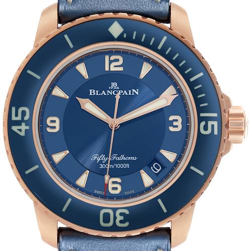 The image shows a front view of the Blancpain Fifty Fathoms 5015-363-C63B Men's Rose Gold Blue Dial 5015-363-C63B Men's Rose Gold Blue Dial watch, highlighting the dial, bezel, and crown.