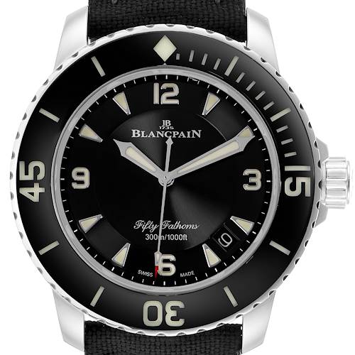 The Blancpain Fifty Fathoms model 5015-1130-715 is shown from a front angle, displaying the bezel, dial, hands, numerals, and part of the strap.