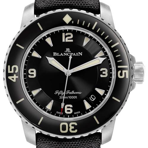 The Blancpain Fifty Fathoms 5015-12B30 Men's Titanium Black Dial 5015-12B30 Men's Titanium Black Dial watch is shown from the front, highlighting the dial, bezel, and crown.
