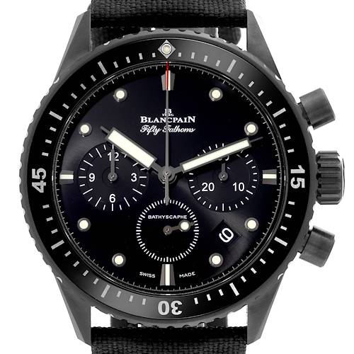 The image shows a front view of the Blancpain Fifty Fathoms 5200-0130-B52A Men's Ceramic Black Dial 5200-0130-B52A Men's Ceramic Black Dial watch, featuring its dial, bezel, and chronograph subdials.