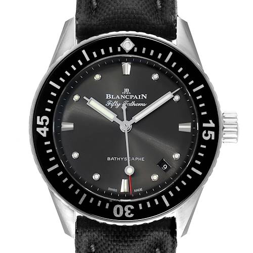 The image shows a close-up of the Blancpain Fifty Fathoms 5100B-1110-B52A Men's Stainless Steel Grey Dial 5100B-1110-B52A Men's Stainless Steel Grey Dial watch face, bezel, and dial at a straight-on angle.