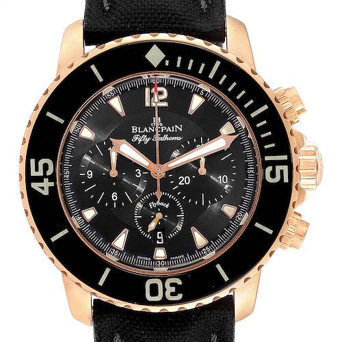 The image shows a frontal view of the Blancpain Fifty Fathoms 5085F-3630-52 Men's Rose Gold Black Dial 5085F-3630-52 Men's Rose Gold Black Dial watch, displaying the bezel, dial, hands, and crown.