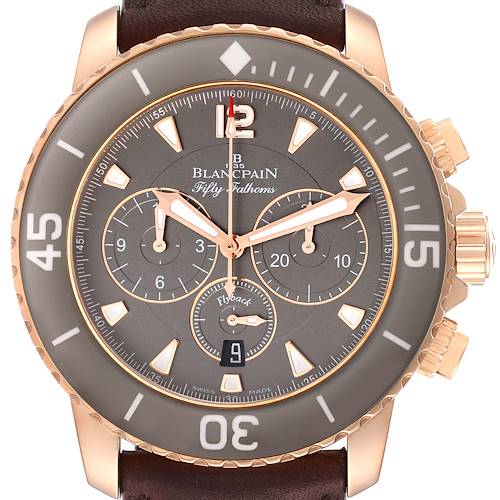 The image shows a front view of a Blancpain Fifty Fathoms 5085F-3634-63A Men's Rose Gold Grey Dial 5085F-3634-63A Men's Rose Gold Grey Dial watch, displaying the dial, bezel, and brown leather strap.