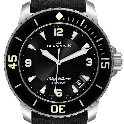 The image shows a frontal view of the Blancpain Fifty Fathoms 5015-1130-71S Men's Stainless Steel Black Dial 5015-1130-71S Men's Stainless Steel Black Dial watch, highlighting its dial, bezel, and strap ends.