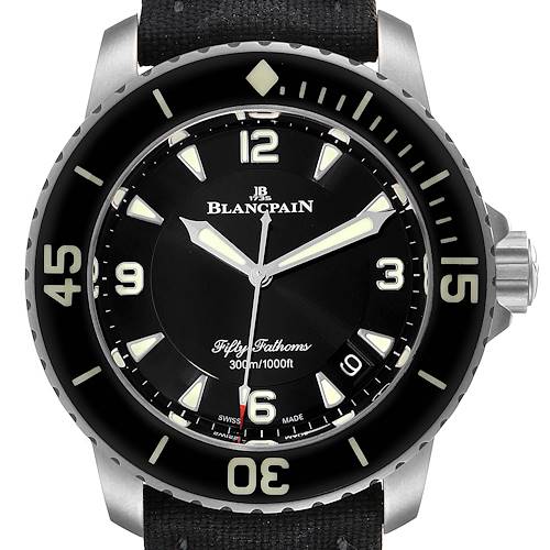 The image shows a front view of the Blancpain Fifty Fathoms 5015-12B30 Men's Titanium Black Dial 5015-12B30 Men's Titanium Black Dial watch, highlighting the dial, bezel, and crown.