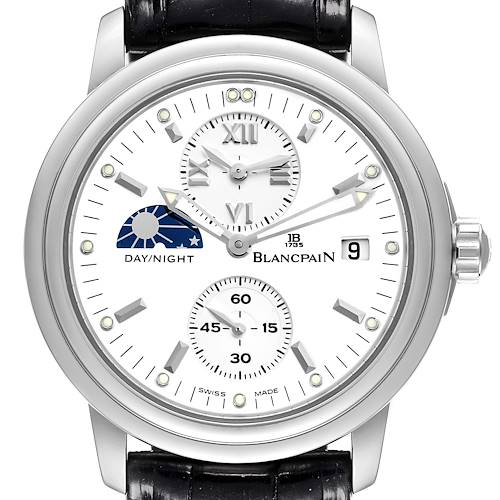 The image shows a front view of the Blancpain Villeret 2160-1127-53 Men's Stainless Steel White Dial 2160-1127-53 Men's Stainless Steel White Dial watch, displaying its face, hands, subdials, and day/night indicator.