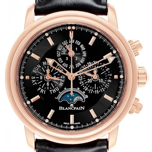 The Blancpain Villeret 2685F-3630-53B Men's Rose Gold Black Dial 2685F-3630-53B Men's Rose Gold Black Dial watch is shown from the front, highlighting its detailed dial and functions.