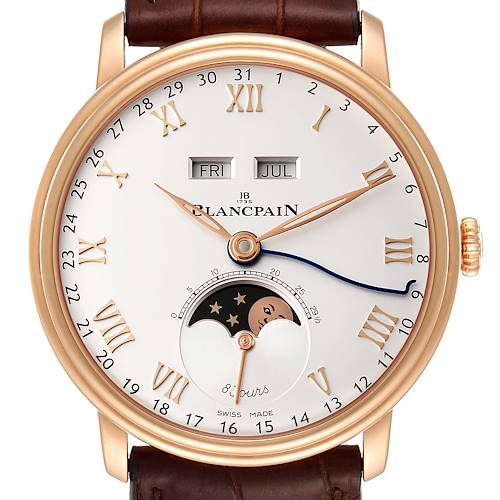 The image displays a close-up view of the Villeret model by Blancpain, featuring the watch face and partial leather strap.