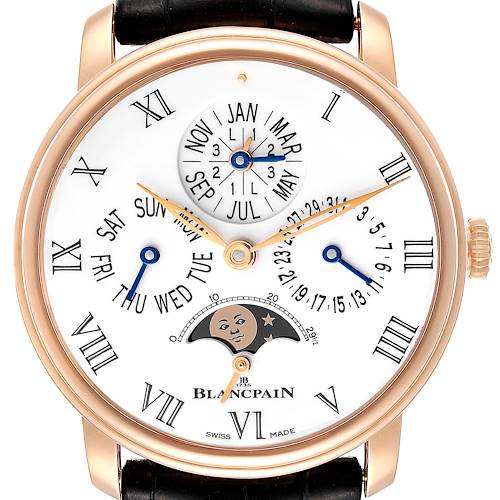 The Blancpain Villeret 6659-3631-55B Men's Rose Gold White Dial 6659-3631-55B Men's Rose Gold White Dial watch is shown from a straight-on, front angle, displaying the face, hands, and complications.