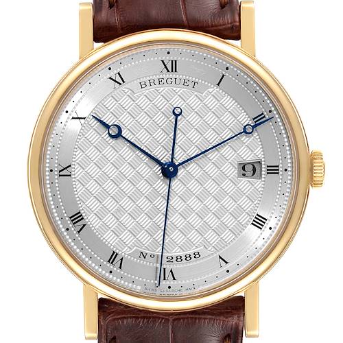 This image shows a front view of the Breguet Classique 5177BA Men's Yellow Gold Silver Dial 5177BA Men's Yellow Gold Silver Dial watch, highlighting its dial, case, and leather strap.
