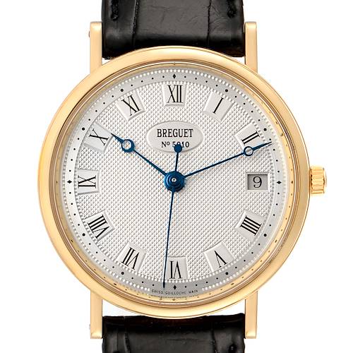 The image shows a front view of the Breguet Classique 3910 Men's Yellow Gold Silver Dial 3910 Men's Yellow Gold Silver Dial watch, highlighting its dial, Roman numerals, blue hands, and gold case with a leather strap.