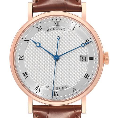 The Breguet Classique 5177BR/12/9V6 Men's Rose Gold Silver Dial 5177BR/12/9V6 Men's Rose Gold Silver Dial watch is shown from the front, highlighting the dial, Roman numerals, and leather strap.