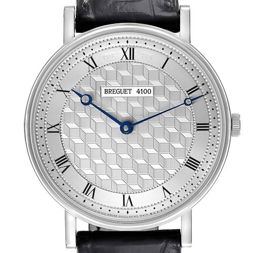 The Breguet Classique 5967BB/11/9W6 Men's White Gold Silver Dial 5967BB/11/9W6 Men's White Gold Silver Dial watch is shown from a front view, displaying its dial, hands, and Roman numerals.