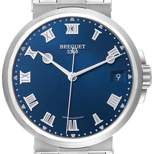 The Breguet Marine 5517TI/Y1/TZ0 Men's Titanium Blue Dial 5517TI/Y1/TZ0 Men's Titanium Blue Dial watch is shown from a frontal angle, highlighting its blue dial, Roman numerals, and date window.