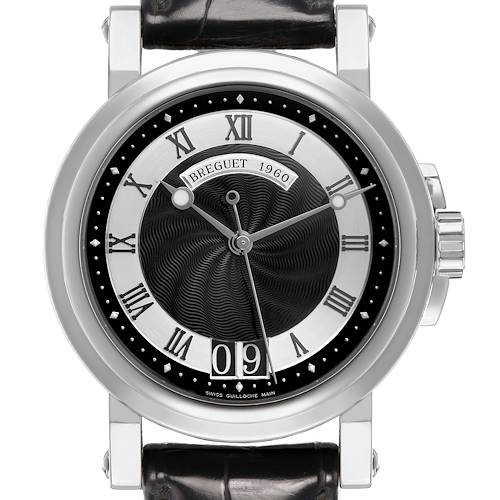 The Breguet Marine 5817BR Men's Stainless Steel Black Dial watch is shown from the front, highlighting the dial with Roman numerals and date window.