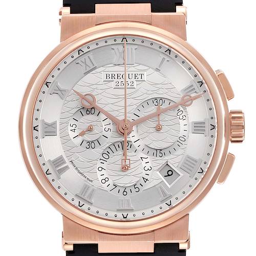 The Breguet Marine 5527BR/12/5WV Men's Rose Gold Silver Dial 5527BR/12/5WV Men's Rose Gold Silver Dial model watch is shown from a front angle, displaying the face, hands, subdials, and crown.
