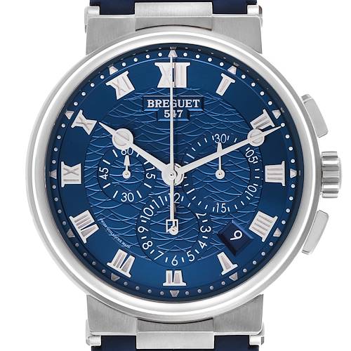 The Breguet Marine 5527BB/Y2/9WV Men's White Gold Blue Dial 5527BB/Y2/9WV Men's White Gold Blue Dial watch is shown from the front, displaying its blue dial, Roman numerals, subdials, and crown.
