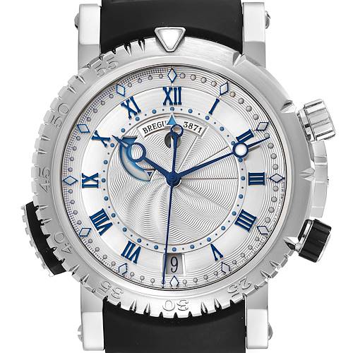 The Marine model by Breguet is shown from the front angle, highlighting the dial, hour markers, hands, and crowns.