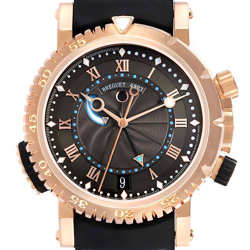 The Breguet Marine 5847BR/Z2/5ZV Men's Rose Gold Black Dial 5847BR/Z2/5ZV Men's Rose Gold Black Dial watch is shown from the front, highlighting its dial, bezel, and strap attachment.