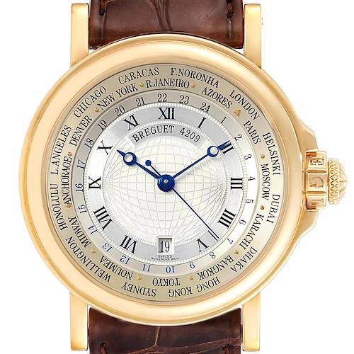 The Breguet Marine Men's Yellow Gold Silver Dial Men's Yellow Gold Silver Dial watch is shown from a front angle, displaying its dial, bezel, and part of the leather strap.