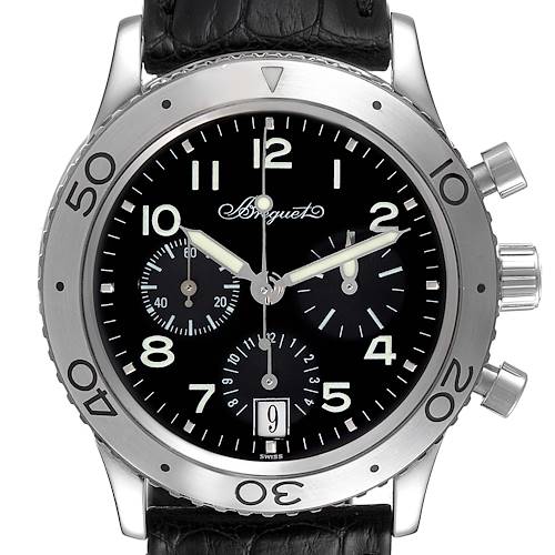 The photo shows a front view of the Breguet Type XX - XXI - XXII 3820ST/H2/9W6 Men's Stainless Steel Black Dial 3820ST/H2/9W6 Men's Stainless Steel Black Dial watch, highlighting its dial, bezel, and chronograph buttons.