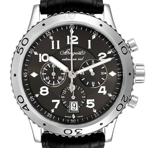 This image shows a front view of the Breguet Type XX - XXI - XXII 3810ST/92/9ZU Men's Stainless Steel Silver Dial 3810ST/92/9ZU Men's Stainless Steel Silver Dial watch, displaying the dial, hands, subdials, and crown.