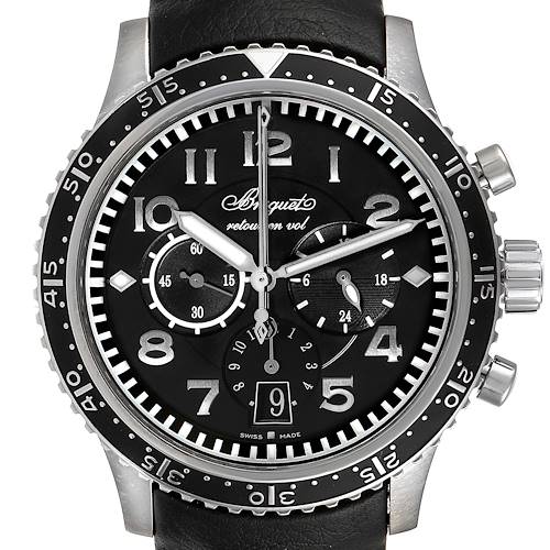 The image shows a frontal view of the Breguet Type XX - XXI - XXII 3810 Men's Titanium Black Dial 3810 Men's Titanium Black Dial watch, including its bezel, dial, and chronograph subdials.