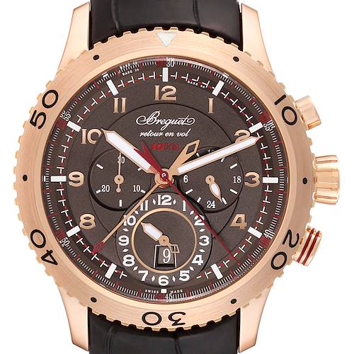 The image shows a front view of the Breguet Type XX - XXI - XXII 3880BR/Z2/9XV Men's Rose Gold Brown Dial 3880BR/Z2/9XV Men's Rose Gold Brown Dial watch, highlighting its dial, bezel, and chronograph subdials.