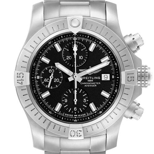 The Breitling Avenger A13385 Men's Stainless Steel Black Dial watch is shown from the front, displaying the face, bezel, crown, and pushers.