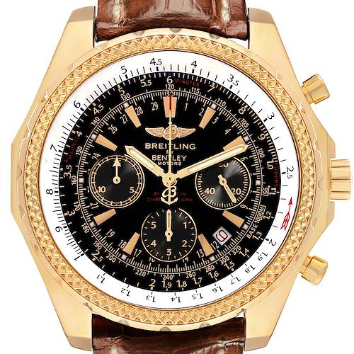 The Breitling Bentley K25362 Men's Yellow Gold Black Dial watch is shown from a frontal angle, highlighting the bezel, dial, subdials, and leather strap.