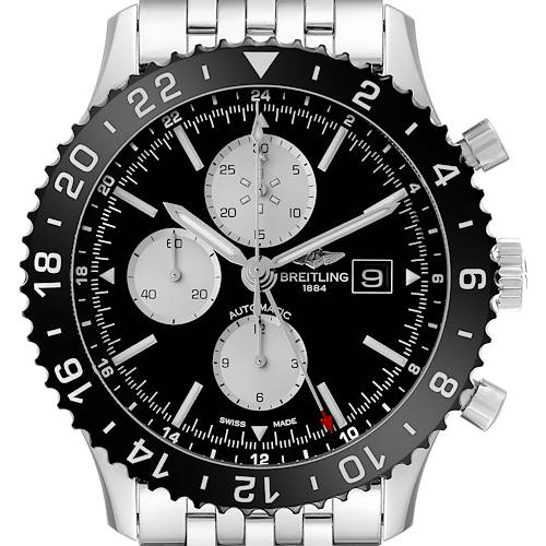 The Breitling Chronoliner Y2431012/BE10 Men's Stainless Steel Black Dial Y2431012/BE10 Men's Stainless Steel Black Dial watch is shown from the front, highlighting the bezel, dial, chronograph subdials, and date window.