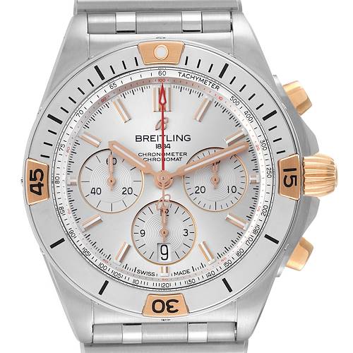 The image shows a front view of the Breitling Chronomat IB0134 Men's Steel and Gold (two tone) Silver Dial IB0134 Men's Steel and Gold (two tone) Silver Dial watch, highlighting the dial, bezel, and chronograph subdials.